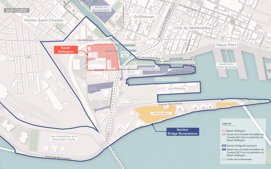 Illustration of the master plan for the Bassin Wellington area of Montreal presented by Canada Lands Company